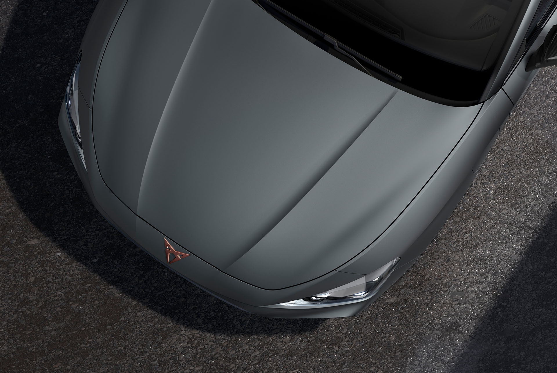 bird’s eye view of an enceladus grey matt new cupra leon 2025 car hood