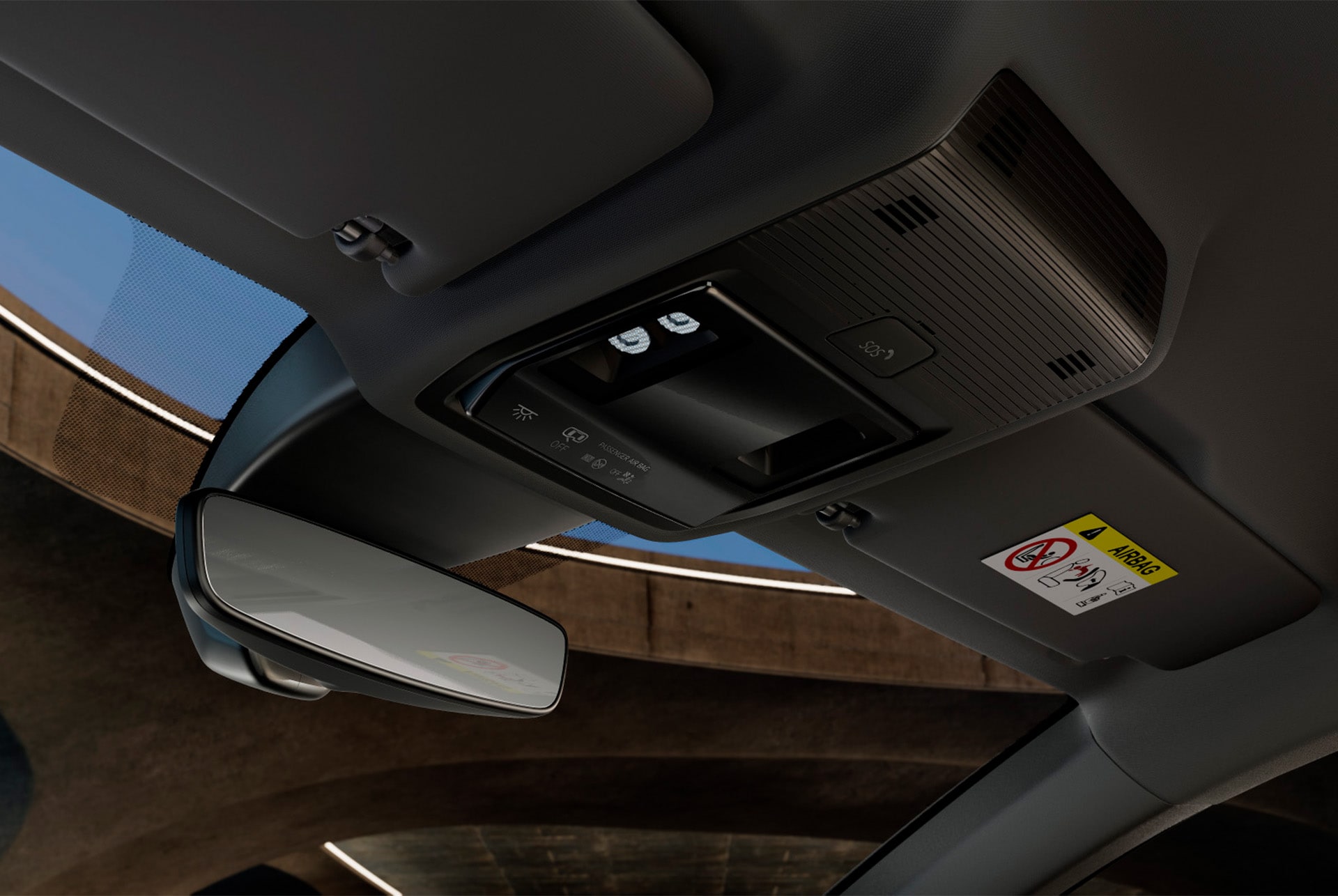 Interior view of a new cupra leon 2025 car showing the overhead console with a wing mirror, LED car cabin lights,  various controls and CUPRA connectivity features, including an SOS emergency button.